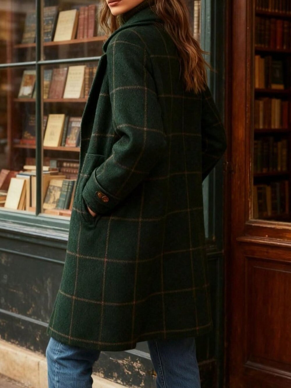 Dark Green Casual Women's Plaid Rib-Knit Single Breasted Regular Trench Coat - Picture 4 of 7